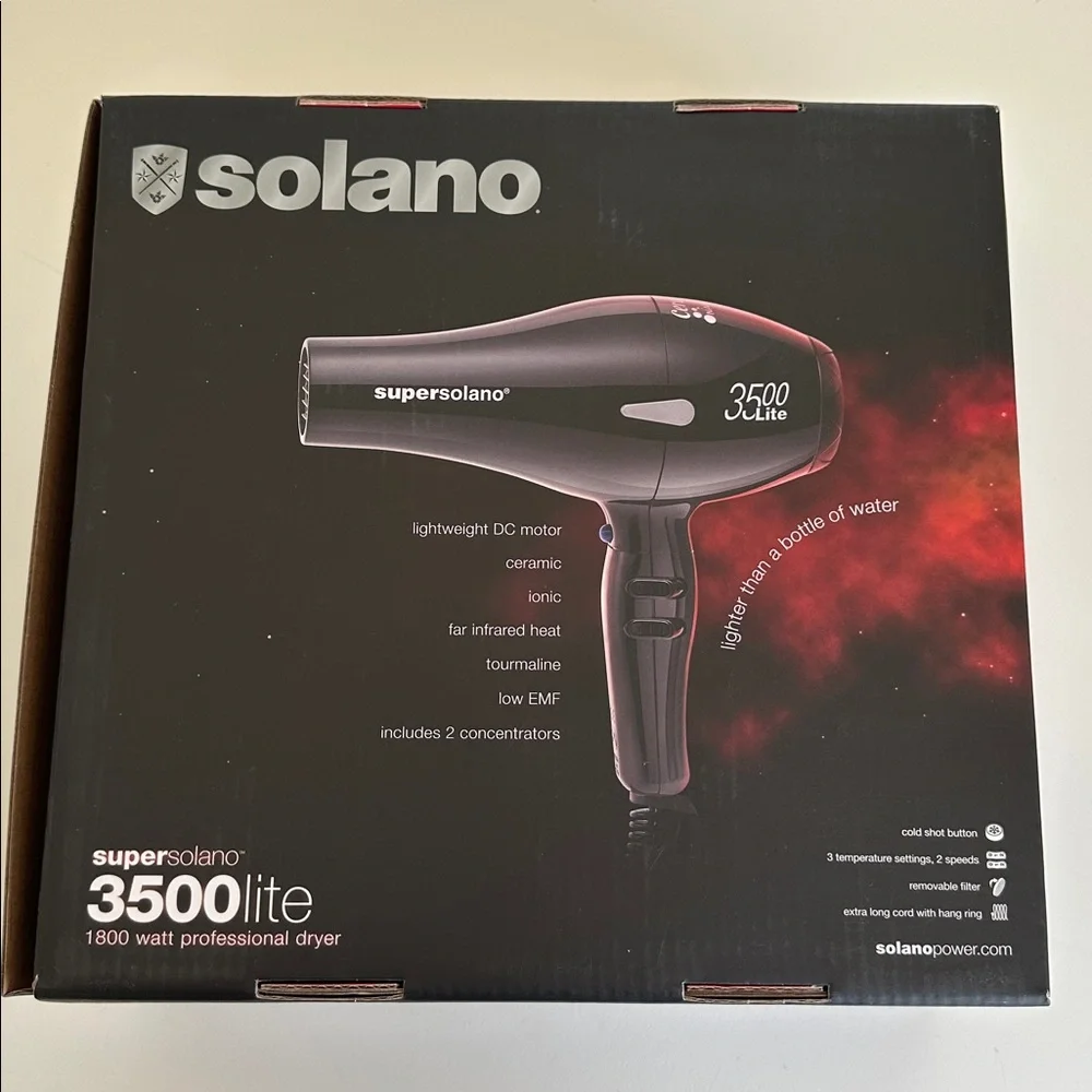 New Super Solano 3500 Lite Hair Dryer with Attachments. In Box.